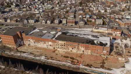 Aerial view of part of the city of Magog in Quebec, Canadaの写真素材