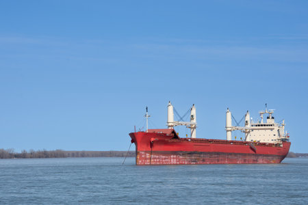 Large ship anchored in the Saint Lawrence River in Quebec, Canadaの写真素材