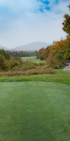 Nice hole on a golf club at fall in Vermont, USA, at Jay Peakの写真素材