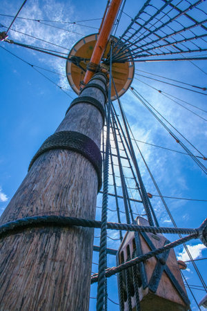 View of the mast of the reproduction of the May Flower near Boston, USA