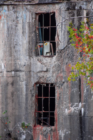 Old abandoned mill, forgotten in the heart of the Canadian forest in autumnの写真素材