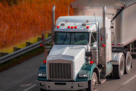 Heavy truck on a Canadian highway in the fall in Quebecの写真素材