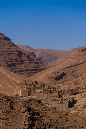 pretty Moroccan rural landscape with its original African architecture along the Atlas Mountainsの写真素材