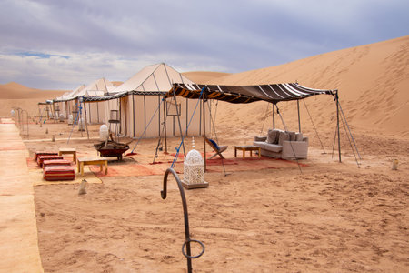 Luxury bivouac in the Sahara desert in Morocco, Chegaga Dunesの写真素材