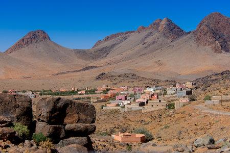 Rural and mountainous landscape along the Atlas Mountains in Moroccoの写真素材