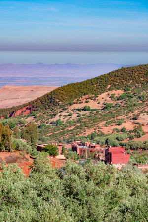 Rural and mountainous landscape along the Atlas Mountains in Moroccoの写真素材