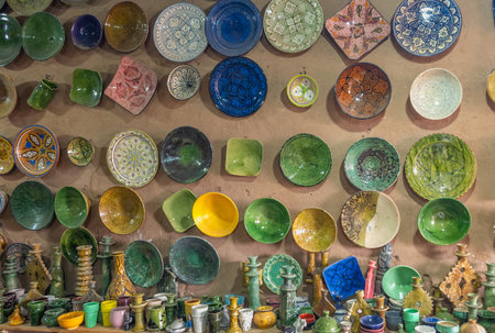 Souvenirs of Morocco. Pretty pottery presented in a local soukの写真素材