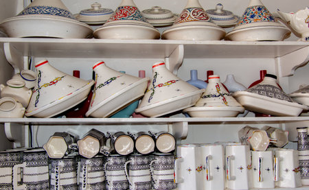 Souvenirs of Morocco. Pretty pottery presented in a local soukの写真素材