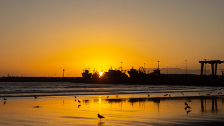 sunset on Essaouira beach, in front of the port, in Moroccoの写真素材