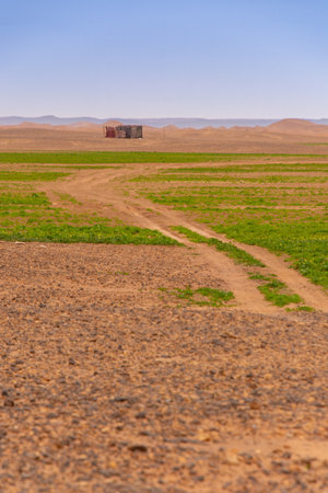 Isolated camp somewhere in the Sahara Desert in Moroccoの写真素材