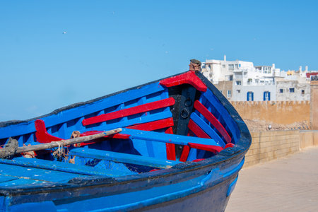 Fishing boat in the port of the city of Essaouira in Moroccoの写真素材