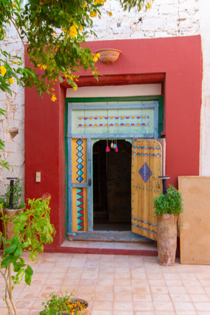 Architectural details of a pretty hotel located in an old building in the town of Tata in Morocco