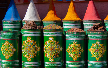 Display of spices and colorful products in the Jewish quarter of Marrakech in Maorcの写真素材