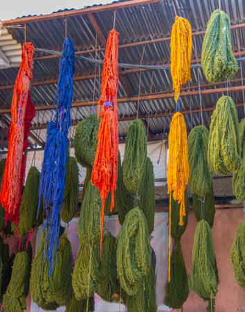 Display of wool drying in the dyers' souk in the medina of Marrakechの写真素材