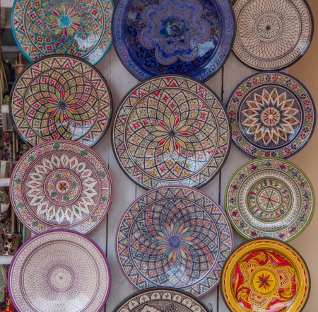 Display of colorful souvenir merchandise in one of the many Moroccan souks and medinas