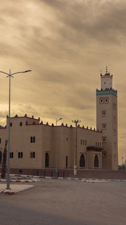 View of one of the minarets of the city of M'Hamid in Moroccoの写真素材
