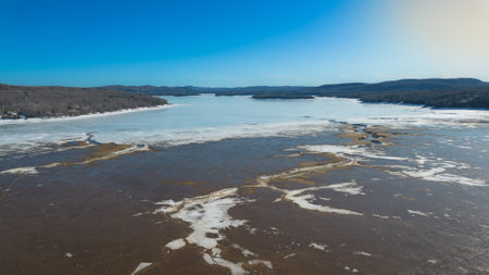 Aerial view of the Taureau reservoir in April, when it is still empty. Quebec, Canada.の写真素材