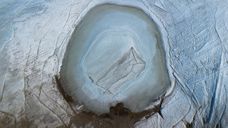 Aerial view of the ice on Taureau Reservoir in April, when it is not full. Quebec, Canada.