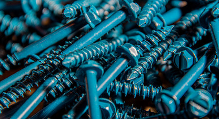 Pile of metal screws left on the workbench in the basement of the house