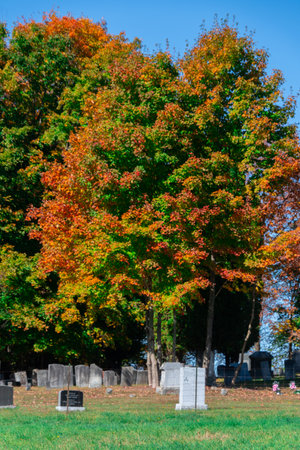 View of autumn colors at a cemetery in the Canadian countryside in the province of Quebec
