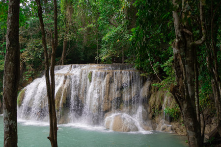 The magnificent waterfalls of Erawan National Park, in Kanchanaburi province, Thailandの写真素材