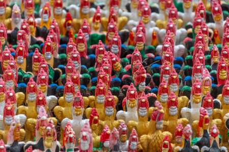 Famous roosters of Wat Yai Chai Mongkhon, a temple in Ayutthaya, Thailandの写真素材
