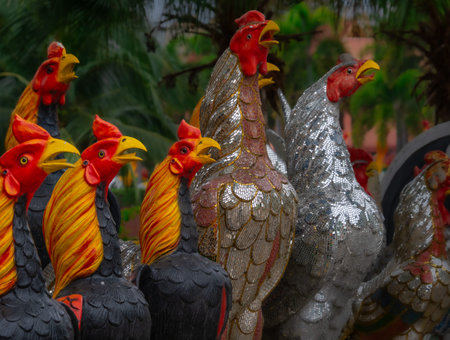 Famous roosters of Wat Yai Chai Mongkhon, a temple in Ayutthaya, Thailandの写真素材