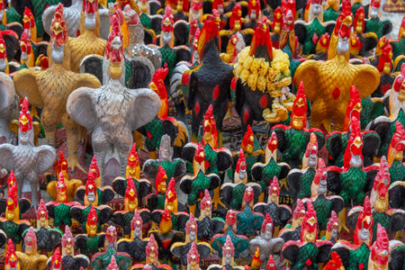 Famous roosters of Wat Yai Chai Mongkhon, a temple in Ayutthaya, Thailandの写真素材