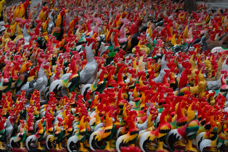 Famous roosters of Wat Yai Chai Mongkhon, a temple in Ayutthaya, Thailandの写真素材