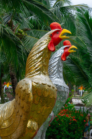 Famous roosters of Wat Yai Chai Mongkhon, a temple in Ayutthaya, Thailandの写真素材