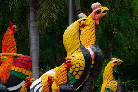 Famous roosters of Wat Yai Chai Mongkhon, a temple in Ayutthaya, Thailandの写真素材