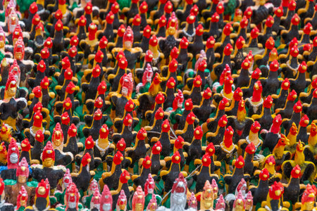 Famous roosters of Wat Yai Chai Mongkhon, a temple in Ayutthaya, Thailandの写真素材