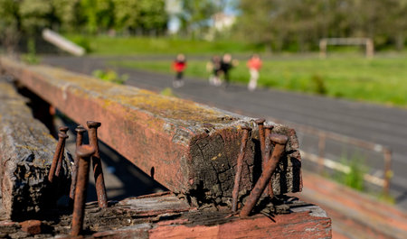 Old rusty nails on the railings. Selective focus.の写真素材