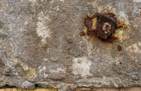 Close-up of a rusty plate on an old concrete wall, texture