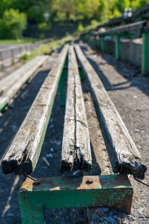 Old wooden bench. Selective focus. Shallow depth of fieldの写真素材
