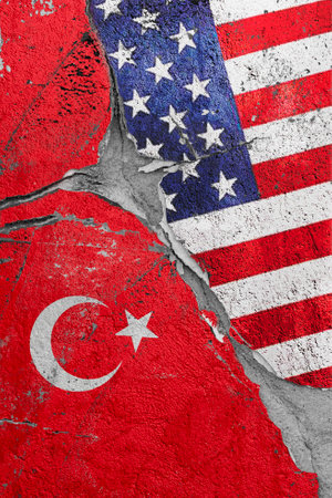 Illustration of a crack between the flags of Turkey and the United States, the concept of global crisis in political and economic relationsの写真素材