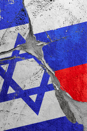 Illustration of the crack between the flags of Israel and Russia, the concept of global crisis in political and economic relationsの写真素材
