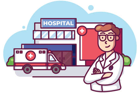 Doctor standing in front of hospital with ambulanceのイラスト素材