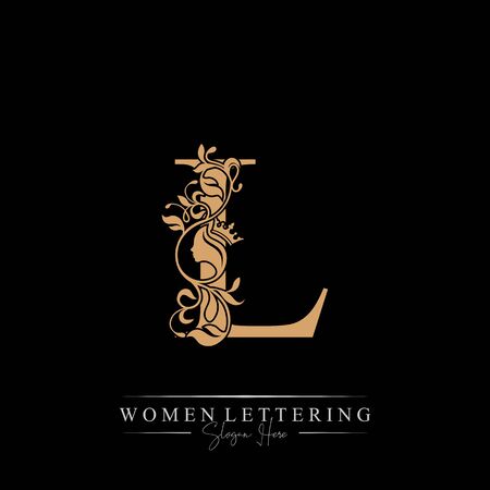 Initial letter Luxury L logo with beautiful woman portrait. Leaf Ornament Luxury glamour concept.のイラスト素材