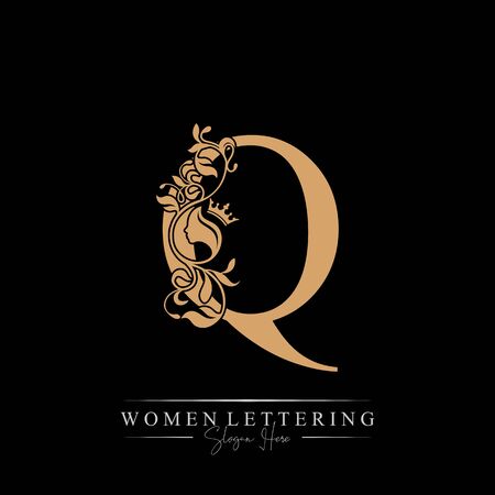 Initial letter Luxury Q logo with beautiful woman portrait. Leaf Ornament Luxury glamour concept.のイラスト素材