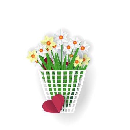 spring flowers, narcissus, basket of flowers, on white background, craft, complex iconのイラスト素材