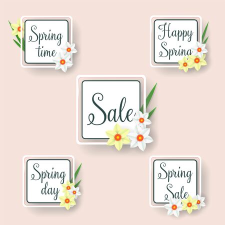 Set of flat and hand drawn spring cards and labels for season sale. Spring Sale. banner template.のイラスト素材