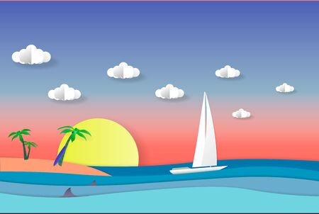 Sea view in summer. white yacht sailing. summer time. vacation. sea with beach. paper cut and craft style.のイラスト素材