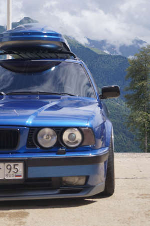 Sochi, Russian Federation, August 2018: Open automobile festival Grounded event. Unusual BMW car tuning, air suspension, sports parts and polished wheels. Stance. In the hotel parking lot.のeditorial素材