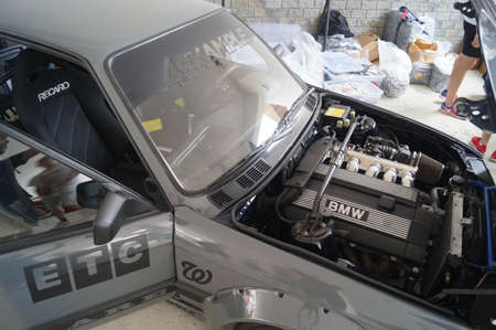 Sochi, Russian Federation, August 2018: Open automobile festival Grounded event. Unusual BMW car tuning, air suspension, sports parts and polished wheels. Stance. In the hotel parking lot.のeditorial素材