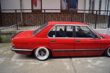 Sochi, Russian Federation, August 2018: Open automobile festival Grounded event. Unusual BMW car tuning, air suspension, sports parts and polished wheels. Stance. In the hotel parking lot.のeditorial素材