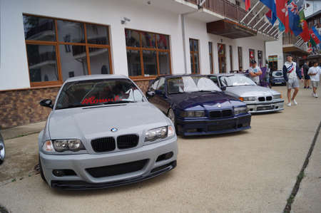 Sochi, Russian Federation, August 2018: Open automobile festival Grounded event. Unusual BMW car tuning, air suspension, sports parts and polished wheels. Stance. In the hotel parking lot.のeditorial素材