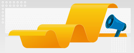 Big bright background with a yellow sheet of paper and a blue loudspeaker. Poster, banner, slide vector background easy to use.のイラスト素材