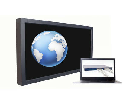 Widescreen monitor globe super slim laptop and ethernet network switch concept