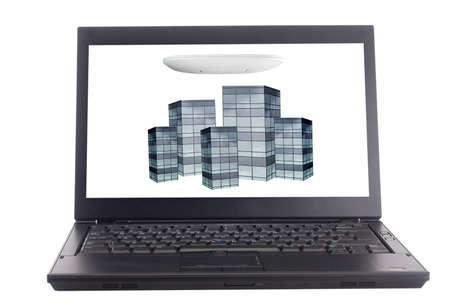 Wireless business concept with cityscape and wireless acces poing and laptop against white